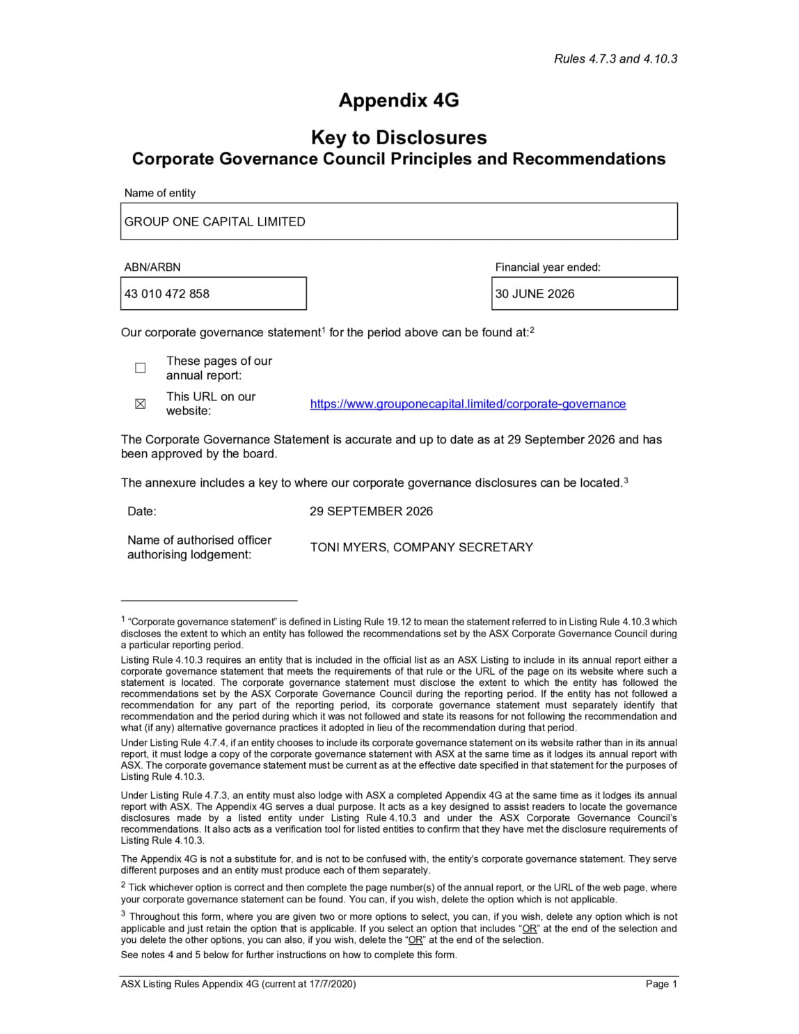 2026 Appendix 4G and Corporate Governance Statement